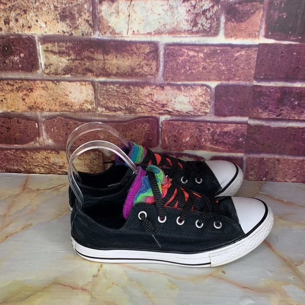 Converse All Star Black Low Top Rainbow Tulle Lace Up Canvas Sneakers